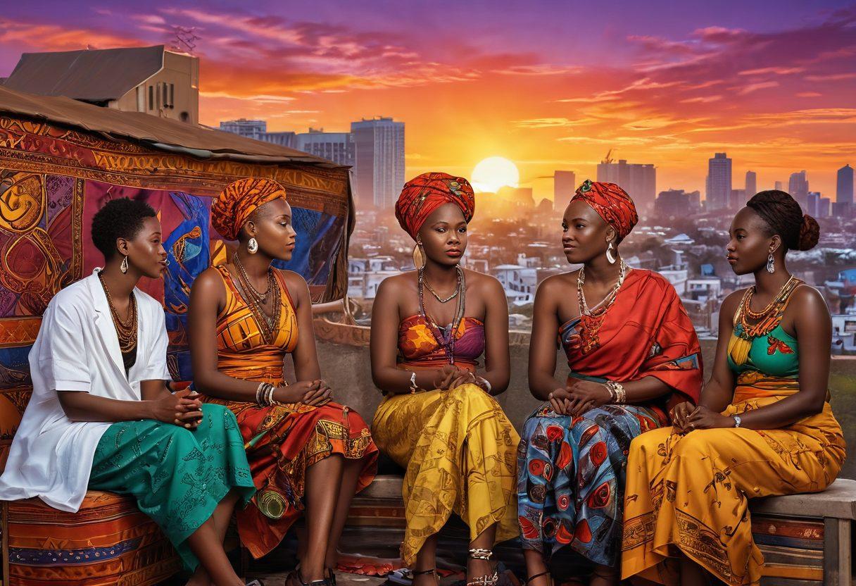 A vibrant and dynamic scene showcasing a diverse group of confident individuals engaged in open conversations about sexuality, surrounded by elements representing Kenyan culture such as traditional fabrics and symbols. The backdrop features a colorful sunset over an urban landscape, symbolizing empowerment and openness in adult entertainment. Bright colors and expressive facial expressions amplify the energy of the discussions. digital art. vibrant colors. modern style.