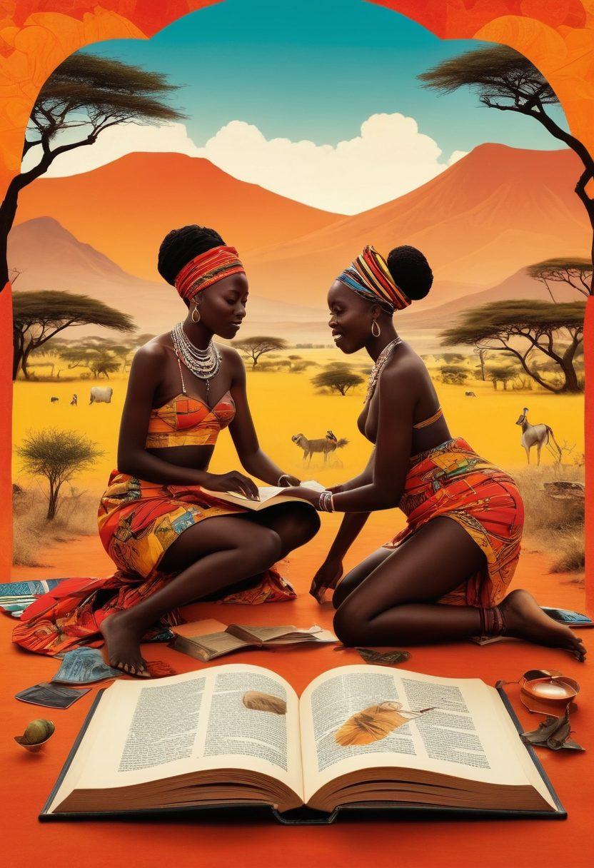 A captivating collage showing a blend of erotic literature and adult humor themes, featuring an open book with playful illustrations, warm hues representing Kenyan culture, hints of traditional motifs, and whimsical characters expressing laughter and intimacy. The background should incorporate elements like a silhouette of the Kenyan landscape and the Maasai people in vibrant attire. vibrant colors. whimsical style. 3D.